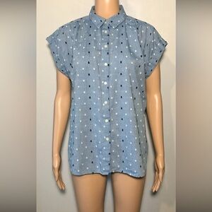 Loft Women's Shirt SizeS Chambray Embroidered Cap Sleeve 100% Cotton Button Down